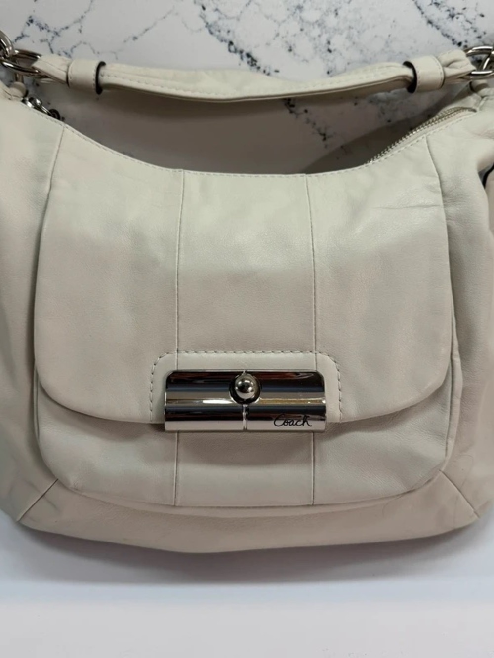 Coach Kristin Ivory Hobo Leather Bag with Stainless Steel Hardware